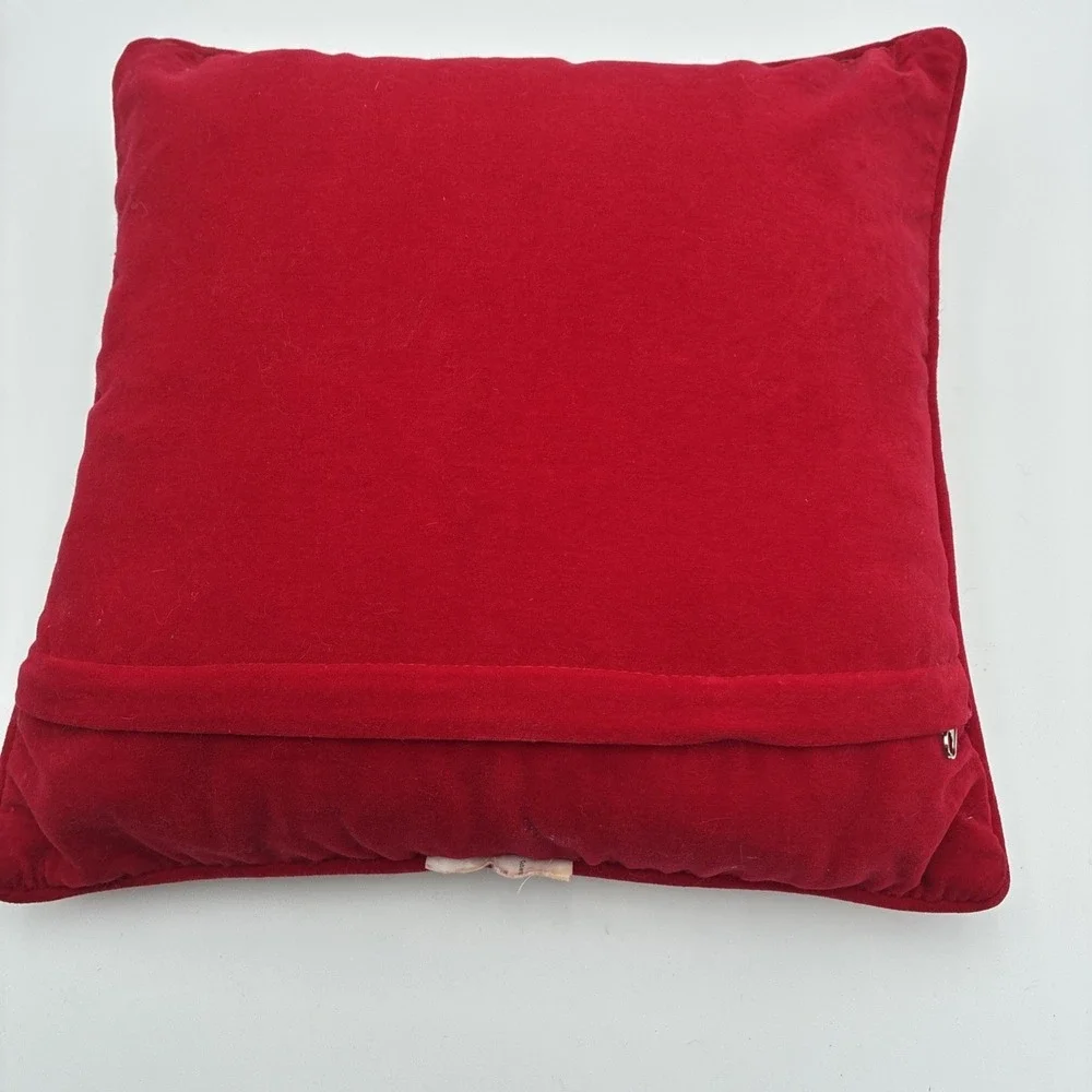 Vintage Christmas Needlepoint Pillow Golden Retriever Puppy in Boot Red Velvet